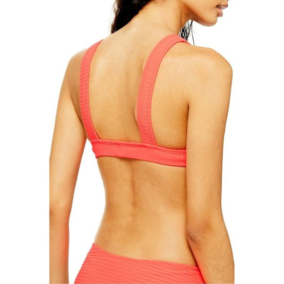 TOPSHOP Bikini Top Size 10 Womens Ribbed in Neon Pink Faux Tie Front - Picture 8 of 9